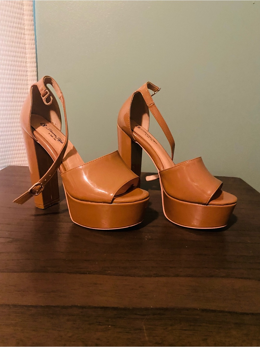 Women's Tan Platform Block Heel Sandals with Ankle Strap